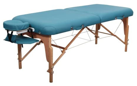 Zen – Mobile Round Corner Massageliege klappbar & höhenverstellbar – Vollholz Massagetisch mit abgerundeten Ecken für aktive Massagestile – Massagebank mit Kopfteil, Armlehnen & Tasche (Teal)