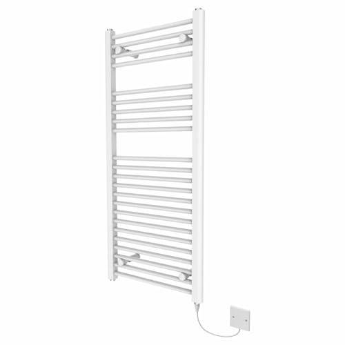NRG Straight Electric Bathroom Heated Towel Rail Manual Designer Towel Warmer Radiator 1100×500mm Gloss White 250W Flat Wall Mounted Prefilled