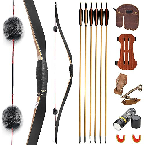 HNZMDY 58 Zoll Traditioneller Langbogen Handgefertigter 15-50lbs Bogenschießen Holzbogen Jagdbogen Horse Bogen mit Holzpfeilen für Rechte und Linke Hand Bögen für Erwachsene Teenager (35lbs)