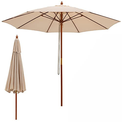 GOPLUS Parasol de Jardin Extérieur φ283 cm, Parasol de Corde avec 8 Baleines en Fibre de Verre, Position Réglable à 3 Niveaux, Protection Solaire pour Cour, Base Non Incluse (Beige)