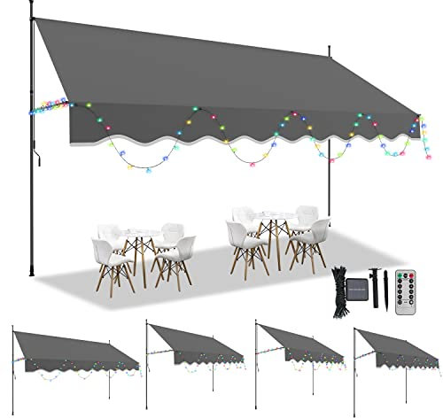 Izrielar Store à pince avec manivelle sans perçage - Hauteur réglable - 5 m - Guirlande lumineuse solaire colorée - Résistant aux UV - Protection solaire - Étanche - 200 x 120 x 200-300 cm - Gris