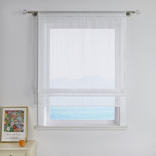 ESLIR Raffrollo Küche Weiß Raffgardine mit Tunnelzug Gardinen Transparent Bändchenrollo mit Vertikale Streifen Voile Wohnzimmer BxH 120x140cm 1 Stück
