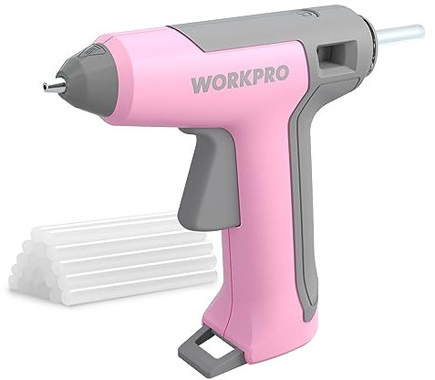 WORKPRO Heißklebepistole Akku kabellos 3,6V, Akku Klebepistole mit 20 Stück Klebesticks 7mm & Ladekabel, 90s Aufheizung, USB-Aufladung, Kompakte Größe 15,8 x 16 cm, Grau und rosa