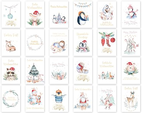 Friendly Fox 24 Weihnachtskarten, A6 Weihnachtsgrußkarten mit verschiedenen Motiven, Postkarten Weihnachten
