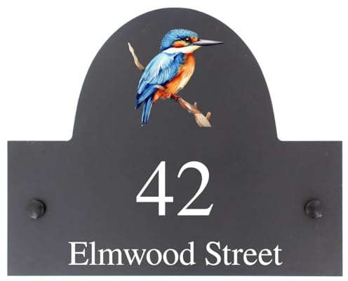 Personalised Kingfisher Bird Motif Arch Top Slate Sign - 25x20cm | Natural Stone Slate House Name or House Number Plaque Sign - Premium Smooth Stone Slate - Includes Wall Screws
