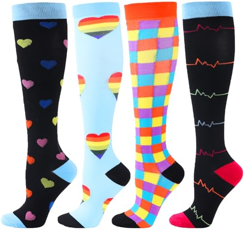 BONANGEL 4 Paare Kompressionsstrümpfe Damen Herren Bunte 15-20 mmHg Stützstrümpfe Medizinische Kompressionssocken für Sport, Laufen, Reise, Radfahren, Flug, Krankenschwester, Schwangerschaft