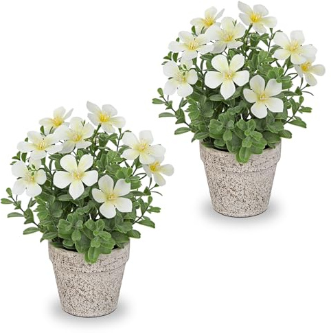 Arborus Kunstblumen im Topf Kunstblumen Weiß Künstliche Sauerklee Rustikal | 2 STK. Dekoblumen 25 cm Künstliche Blumen im Topf Künstliche Blüten Plastik Blumen Bad Büro Deko Zimmer Home Deko