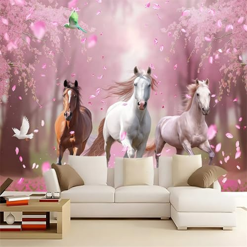 Fototapete Tiere Pferde Motivtapeten, 350 x 256 cm Vlies Tapeten, Moderne Design Rosa Wandtapete für Wohnzimmer Schlafzimmer Esszimmer Wand Dekoration