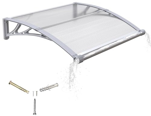 Pensilina da Esterno 120x80 cm in Policarbonato con Grondaia Integrata,Baldacchino Tettoia per Porta,Finestra e Veranda,con Protezione UV,Antipioggia e Antineve