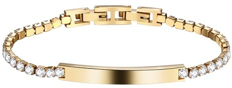 JewelryWe Personalisierte Tennis Armband Damen Edelstahl Tennisarmband mit rechteckigen Zirkonia Steinen Verstellbare Armkette Armreif mit Gravur individuelles Geschenk für Frau Mädchen