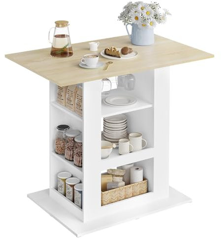 WOLTU Bartisch mit Stauraum, Stehtisch mit 2 Glashaltern, Esstisch für Bar Küche Wohnzimmer, Küchentheke aus Holz, Hochtisch 105x94x68 cm, weiß & helle Eiche