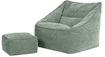 Icon Natalia Sitzsack Sessel mit Hocker für Erwachsene, Salbeigrün, Flauschiger Chenille Stoff, Riesen Sitzsack mit Füllung, Bean Bag Chair, Bequemer Sessel, Lounge, Schlafzimmer, Wohnzimmer Möbel