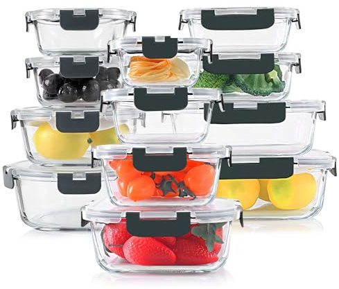 KOOSREEL Glass Container Food Storage with Lids, 24 Pieces (12 Containers + 12 Lids) Meal Prep Containers Set, Airtight Lunch Containers, Leak Proof, BPA Free for Microwave, Oven, Freezer, Dishwasher