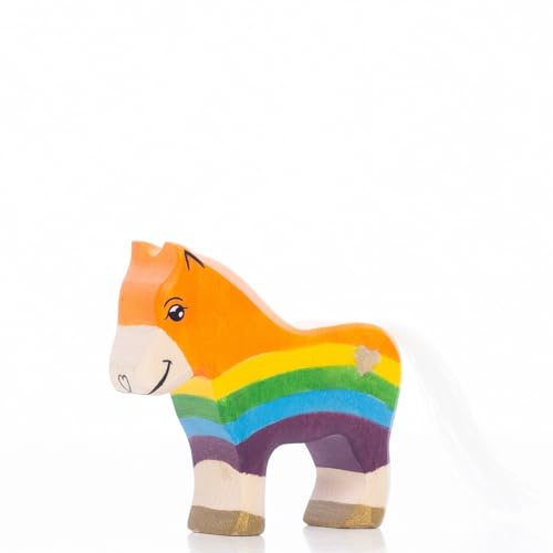 Lilu® Einhorn Pony Fohlen mit leuchtendem Herz und Schweif, Fabelwelt Holztiere handbemalt, Holzspielzeug aus FSC®-Holz, EN71 und DEKRA Zertifiziert Spielfigur für Kinder - 7cm x 6,2cm x 1,9cm