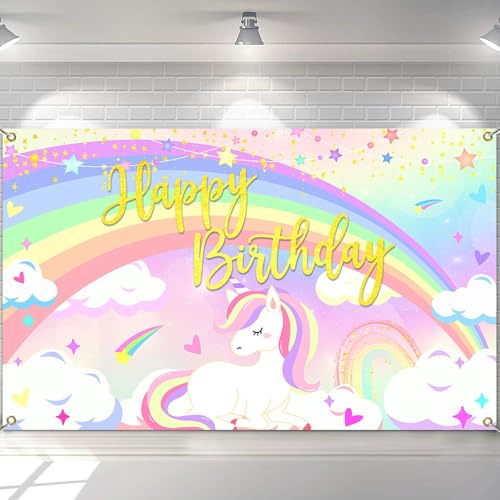 Avezano Einhorn-Geburtstags-Banner für Mädchen, Regenbogen-Einhorn-Banner, Dekorationen, Prinzessinnengeburtstagshintergrund, Banner, Partyzubehör, 180 x 100 cm