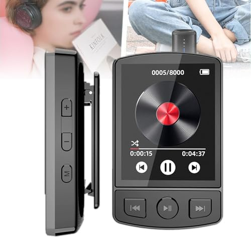 QIeAny Lettore MP3 Portatile con Clip Sportiva, Lettore Musicale HiFi Lossless con Wireless, Batteria a Lunga Durata e 32 GB | Radio FM e-Book per Studenti, Walkman,32GB