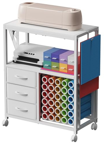 30 Vinyl Roll Holders for Cricut Cart, Rolling Craft Cart with 3 Fabric Drawer, Craft Organization and Storage Compatible with Cricut Maker Machine, Crafting Cabinet Table Workstation, White