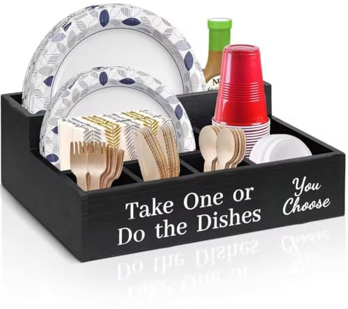 Pesfehhy Caja Dispensadora de Servilletas y Vasos de Madera Rústica Estilo Rústico de Granja, Organizador de Platos Papel, Portátil, para Picnic, para Tazas, Tenedores, Cucharas y Platos