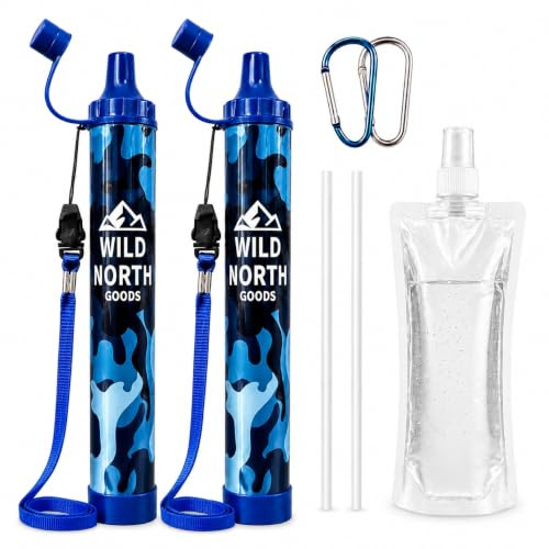 Wild North Goods 2 Pack Water Filter Straw with Bottle, Portable Camping Water Filter for Hiking, Travel, Fishing, Backpacking & Emergency Kit