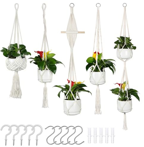 beanicus 5er Set Makramee Blumenampel, hängend für Innen & Außen, Boho Deko aus Baumwollseil, Wandbehang & Aufhänger für Hängepflanzen, Blumentöpfe, Decke & Balkon, inklusive 5 Haken