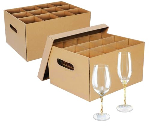 oyhqes 2 Pack Wine Glass & Dish Moving Boxes with Handles & Lids, Glass Packing Boxes, Kitchen Storage Kit for Glassware & Dishware (Brown, 15 x 12 x 10 Inches)
