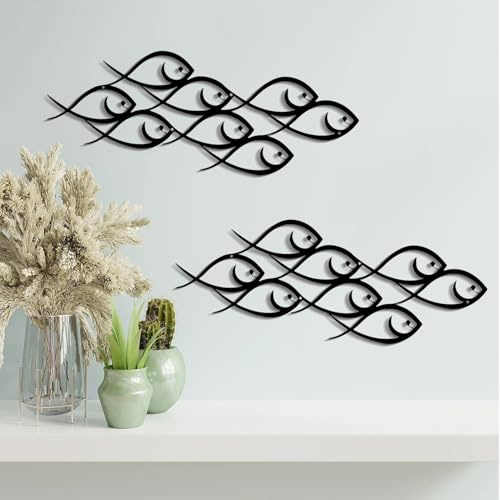 DUOOLN Metall-Wanddekoration, große Fischfamilie, moderne Marine-Metall-Wandkunst, minimalistische Fischskulptur, zum Aufhängen, rustikale Wanddekoration für drinnen und draußen, Küche, Badezimmer