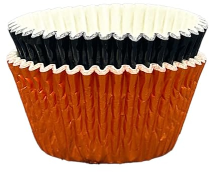 Scrumptious! Pirottini per cupcake, in alluminio arancione e nero, 30 pezzi, 65 g/m², 51 mm x 38 mm, rivestimento oleato, ideali per muffin di compleanno e feste di Halloween, torte e dolci