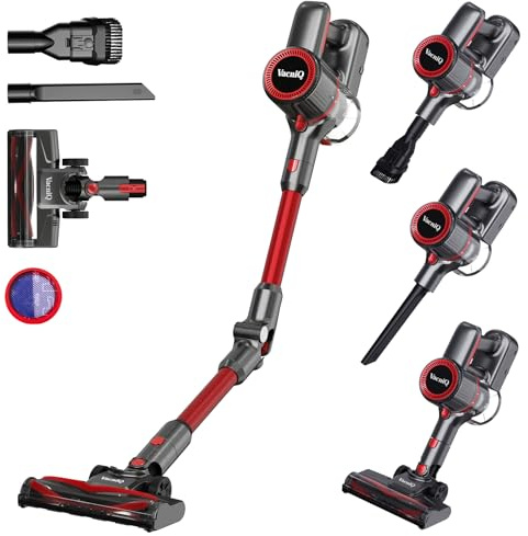 VacniQ Cordless Vacuum Cleaner, Stick Vacuum, Long Runtime, Powerful Suction for Home Pet Carpet Floor, Anti Hair Wrap, Rechargeable Battery (red)