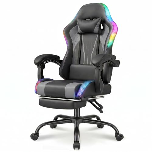 Devoko LED Gaming Stuhl – Ergonomischer Bürostuhl mit Massagefunktion & Teleskop-Fußstütze, Verstellbare Rückenlehne (90-135°), für Gamer bis 150 kg, Augenschonendes Design,Grau