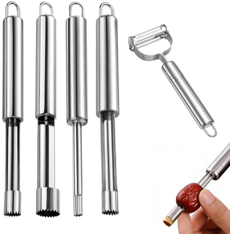 Apfelentkerner 5-teilig, Inklusive Apfelschäler, Für Effizientes Entkernen Von Äpfeln, Birnen Und Ähnlichem Obst, Mit 0,8 Cm, 1 Cm, 1,4 Cm Und 2,0 Cm Entkernungsgrößen, Aus Rostfreiem Edelstahl, 20 Cm
