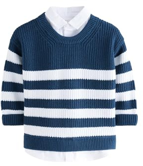 NEXT Garçon Pull en Maille avec col de Chemise intégré 100% Coton Bleu Marine rayé 3 Ans-4 Ans