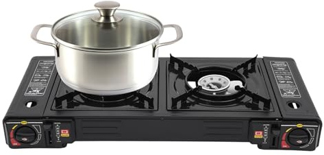Réchaud à gaz de camping, cuisine portable, 2 brûleurs, avec plaque de cuisson – Fonte d'aluminium – Acier inoxydable – Puissance 2,5 kW x 2, Compatible avec sac portable pour l'extérieur et