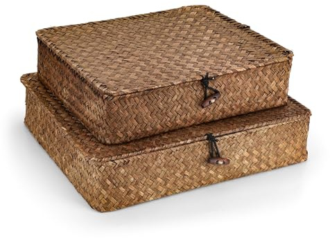 WeeGoo 2 Pcs Seagrass Storage Box with Lids, 32×28×7 cm, 28×24×6.5 cm | Rustic, Rectangular Flat Woven Organizer Baskets, for Closet Shelf Wardrobe