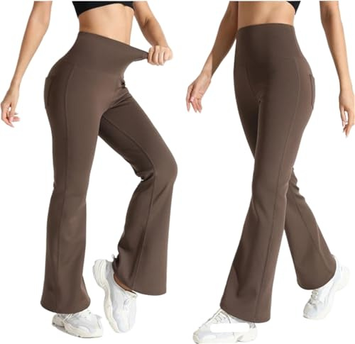 XIEHYA Varma yogabyxor utsvängda ben fleecefodrade yogabyxor hög midja träning med fickor vinter varm klänning bootcut leggings termiska leggings, Brun, XS