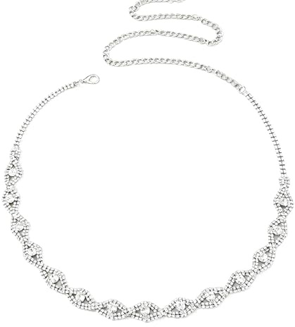 QGH Rhinestone Chain Belt for Women – Sparkly Silver Chain Belt – Thin Fashion Rhinestone Belts for Dresses – Adjustable Glitter Belts Accessory for Birthdays, Anniversaries, And Celebrations