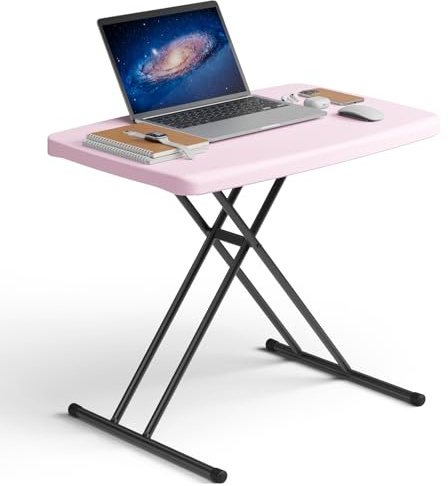 MAKE CHANGES Folding Table 30 Inch - Small Desk Adjustable Height TV Tray for Laptop, Couch, Camping - Heavy Duty Utility Foldable Table for Small Spaces, No Assembly Required, Pink Granite
