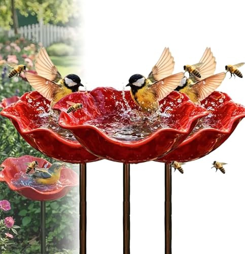 Xifyjus Handmade Metal Flower Garden Stake Bird Bath, Butterfly & Pollinator Watering Station, Resin Flower Bowl Bird Feeder for Garden Metal Bee Water Feeder, Weather-Resistant Garden Decor Gift