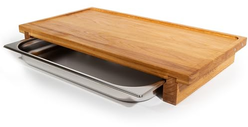 cleenbo Schneidebrett Classic Oak Big bloc GN BBQ - Profi Holz Küchenbrett groß aus geölter Eiche - Hackbrett XXL mit Auffangschale - Edelstahl Auffangbehälter - Maße: 65 x 36 x 8,7 cm