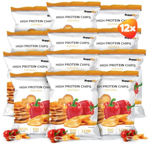 Supplify Chips Protéinées (Paprika, Vegan), Snack Protéiné pour la Perte de Poids ou la Prise de Muscle, Alternative Délicieuse à la Poudre ou aux Barres Protéinées (12 x 50 g)