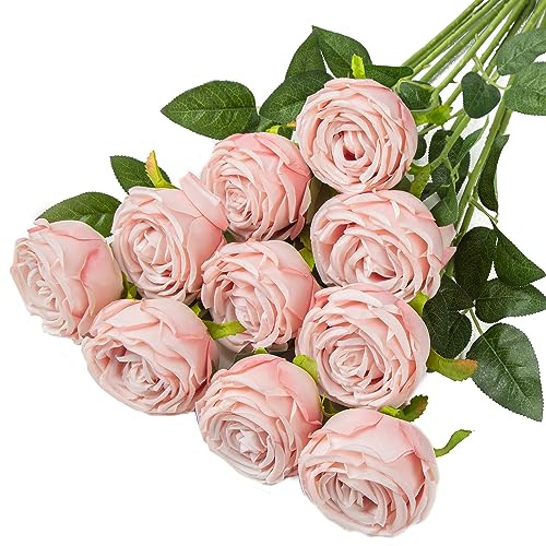 Coferset 10 Pcs Fake Roses,Artificial Silk Rose Flowers with Long Stems,Realistic Faux Roses for Vase Home Wedding Table Centerpieces Baby Shower Decor (Blush)