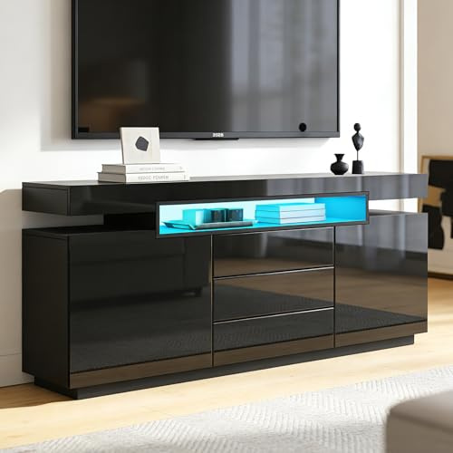 Schwarz Sideboard Schrank Matt Body & Hochglanz TV Lowboard LED Beleuchtung | Kommode mit 2 Türen 3 Schubladen, 160cm, 16 wechselnden Farben und 4 Modi, für Wohnzimmer Esszimmer