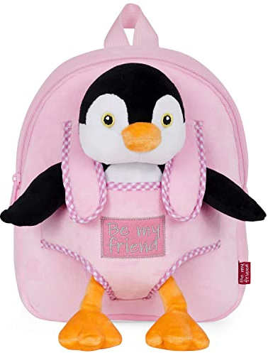 PERLETTI Kuscheltier Rucksack für Kinder mit Plüschtier - Pluschspielzeug Weich Flauschig und Kindergarten Schultasche mit Tasche für Plüsch Tier - 3 4 5 Jahren Baby Kindertasche 27x21x9 cm (Pinguin)