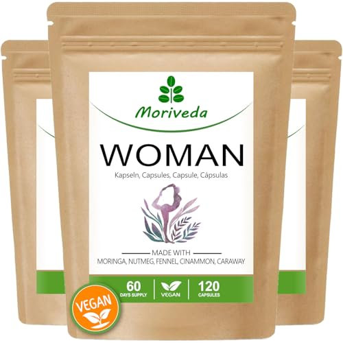 Moringa Woman capsules 500mg - spécialement pour les femmes - cycle équilibre ménopause - 6 mois d'approvisionnement - moringa, cannelle, carvi, fenouil -naturel et végétalien- 360 pièces par MoriVeda