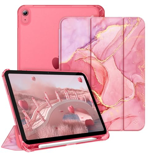 Fintie Hülle für iPad (A16) 11./10. Generation (2025/2022) mit Stifthalter | Für iPad 11/10.9 Zoll, ultradünne, leichte Schutzhülle, Hart-PC Transparente Rückseite, Auto Schlaf/Wach, Marmor Rosa