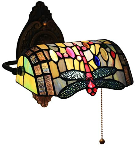 Vintage-Wandleuchte, Banker Wandlampe, Wandmontagelampe für Schlafzimmer, Nachttisch, Wohnzimmer, Küche, Esszimmer, Treppe, mit Zugkette, verstellbare Libelle Tiffany Buntglasschirm