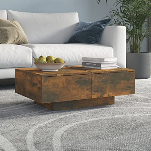 FIRBNUS 90x60x31 cm Side Table Beistelltisch Couch mit 4 Schubladen Wohnzimmertisch Retro Kleiner Tisch Wohnzimmer Coffee Table Coutischtisch Sofatisch Kaffeetisch Räuchereiche Holzwerkstoff