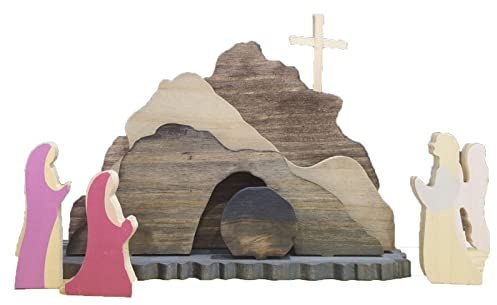 Easter Resurrection Scene Set Wooden Christian Cross Empty Tomb Resurrection Decorations He is Risen Jesus Nativity Scene Home Ornament Easter Wooden Decoration for Tabletop Fireplace Spring Decor