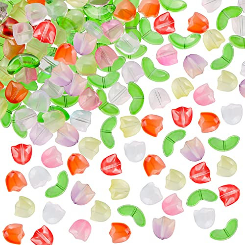 UHOMENY 100PCS Tulip Flower Beads, Tulip Flower Beads Colorful Glass Translucent Bracelet Beads Crystal Loose Glass Beads for Jewelry Making Spring Summer DIY Mothers Day Gifts