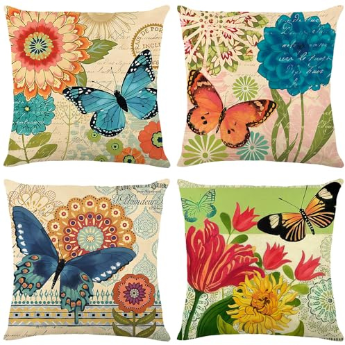 wyooxoo Spring Summer Pillow Covers 16x16 Set of 4 Farmhouse Throw Pillow Covers Linen Flower Butterfly Decorative Pillowcases for Sofa Couch Living Room Outdoor