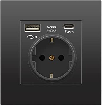 Gla Schuko Steckdose mit USB Ports,Wand Steckdose Unterputz Schutzkontakt Wandsteckdose (1AC+1USB+1Type-C, Schwarz)